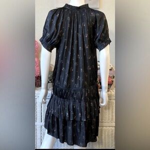 Ulla Johnson Nora Short Dress pleats drop waist Pink Floral on Black Size 8